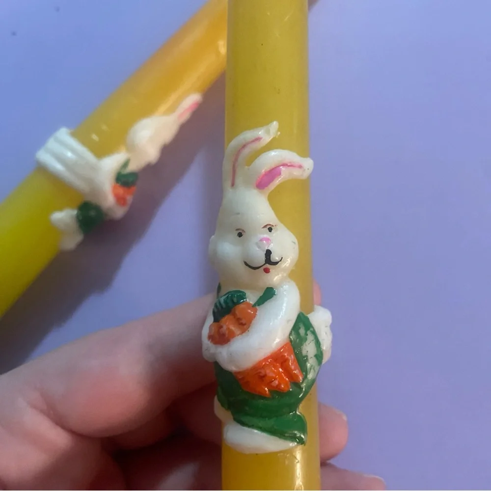 Vintage Easter Taper Candles Pair 10” Yellow w/ Bunny Carrots Never Burnt